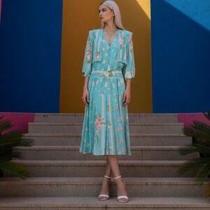 Vintage‎ Diane Fres L Floral Print Midi Dress Blue Easter Modest Granny Church
